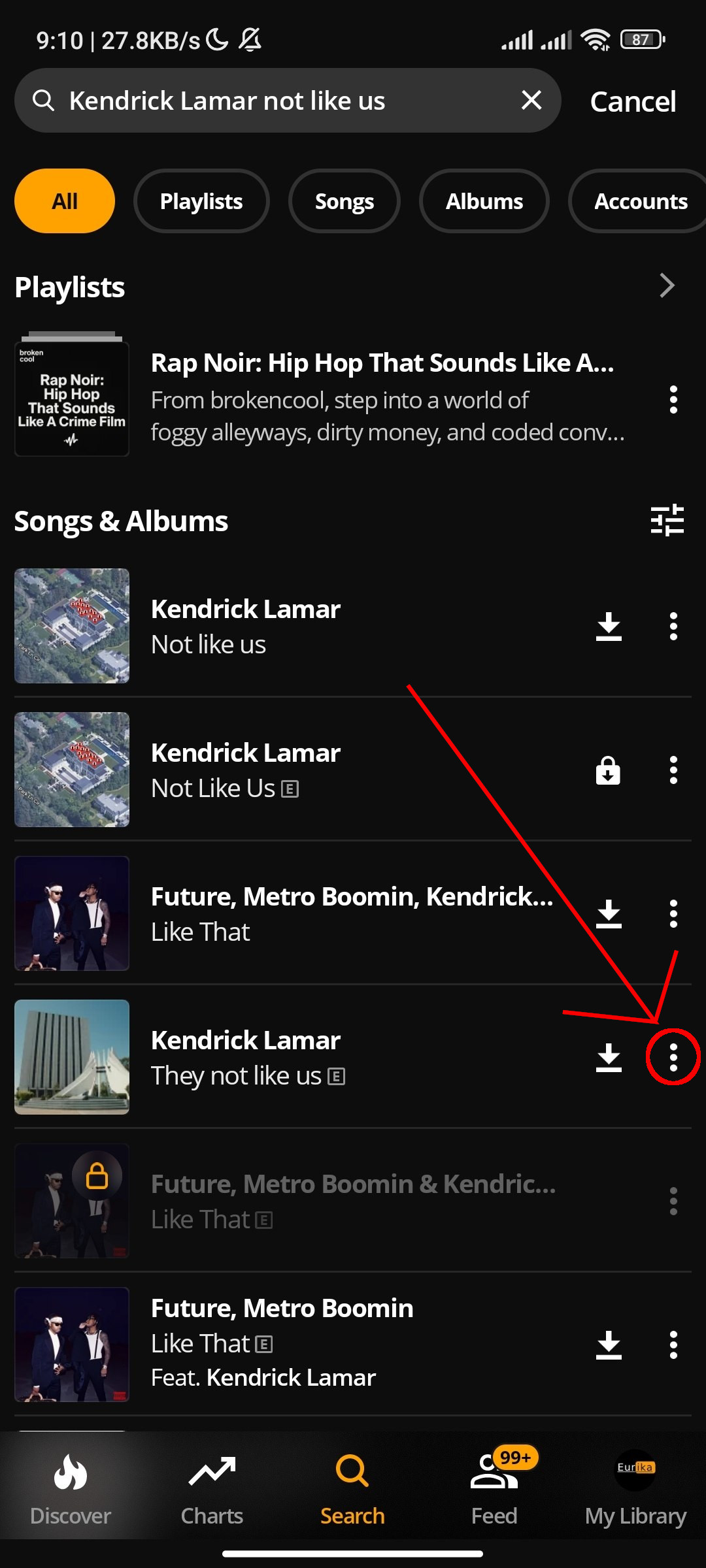 Audiomack mobile search results with the three-dot menu next to a track