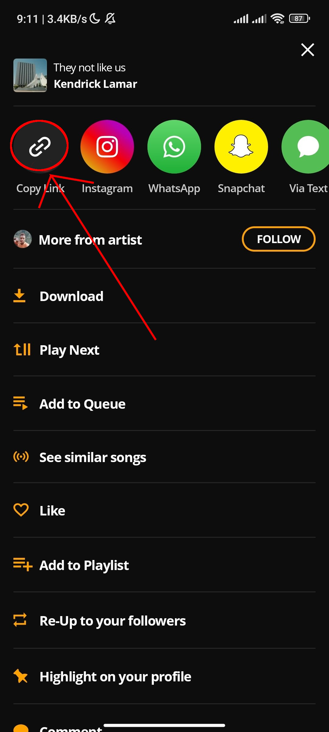Audiomack mobile app share options for a song