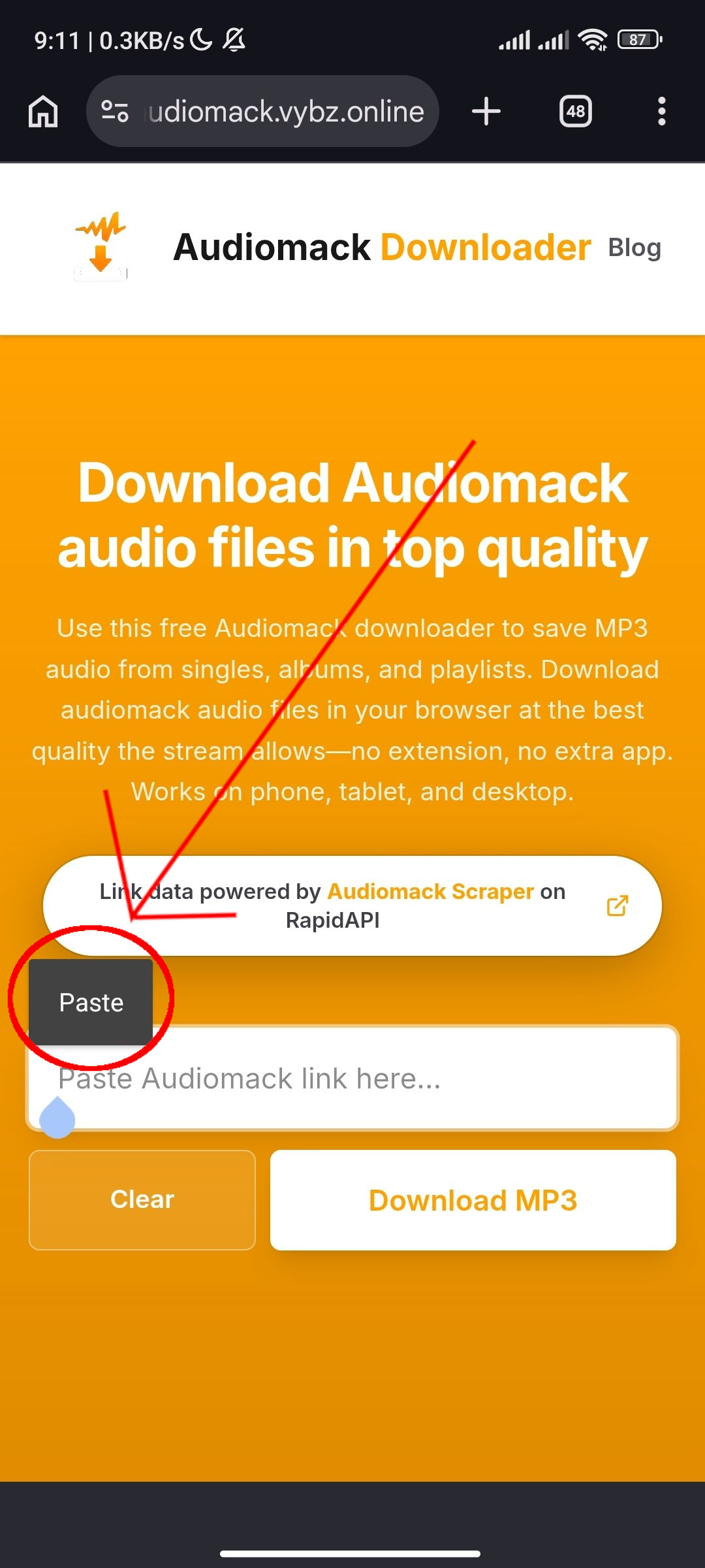 Audiomack share sheet with the Copy link action to copy the Audiomack URL