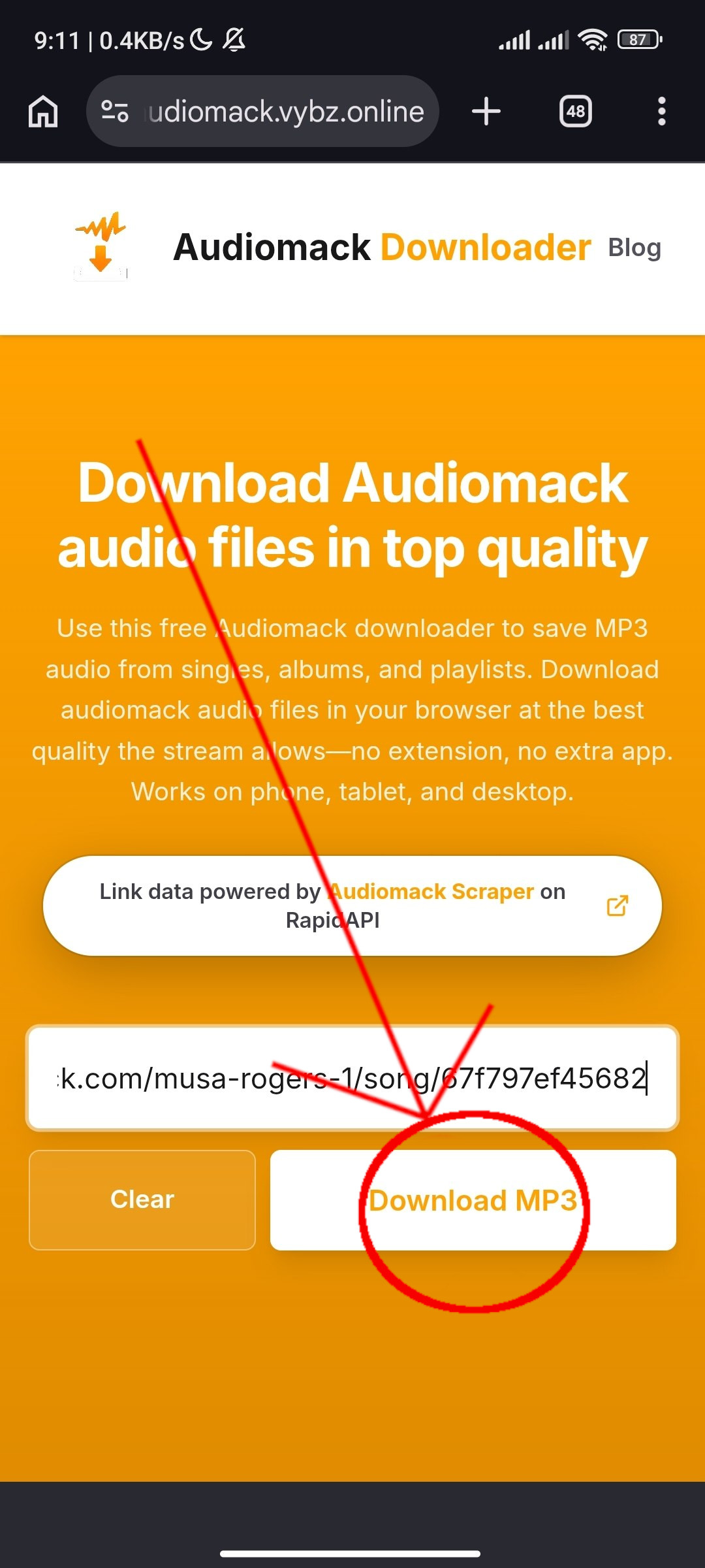 Audiomack share sheet with the Copy link action to copy the Audiomack URL